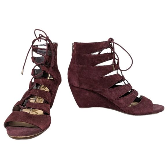SAM EDELMAN Santana Suede Lace Up Wedge Caged Sandals 6 - Picture 3 of 10